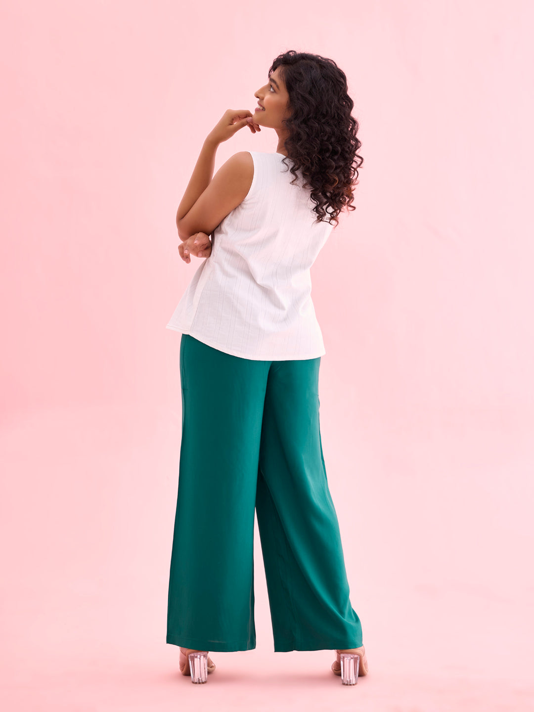 Women Solid Bottle Green Woven Viscose Mid Rise Basic Palazzos