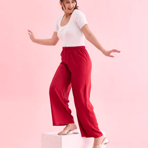 Women Solid Bright Red Woven Viscose Mid Rise Basic Palazzos