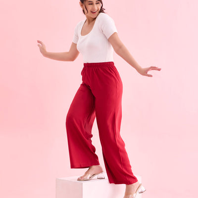 Women Solid Bright Red Woven Viscose Mid Rise Basic Palazzos
