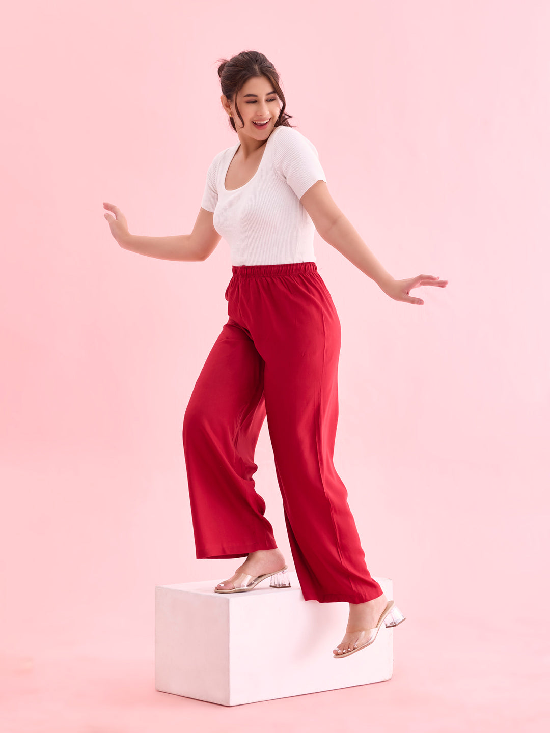 Women Solid Bright Red Woven Viscose Mid Rise Basic Palazzos