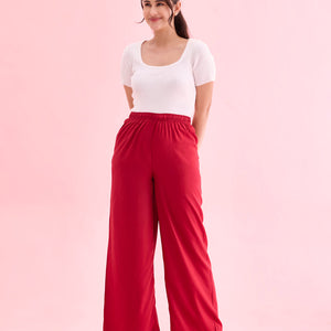 Women Solid Bright Red Woven Viscose Mid Rise Basic Palazzos