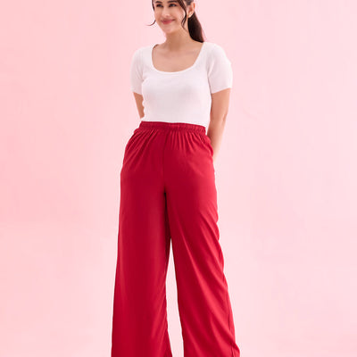 Women Solid Bright Red Woven Viscose Mid Rise Basic Palazzos