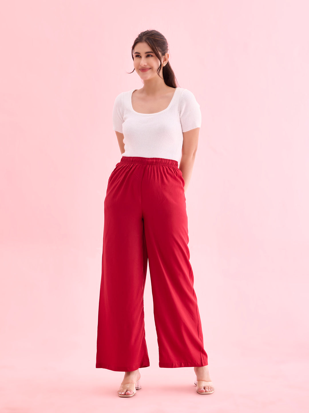 Women Solid Bright Red Woven Viscose Mid Rise Basic Palazzos