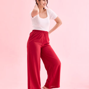 Women Solid Bright Red Woven Viscose Mid Rise Basic Palazzos