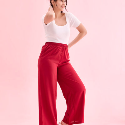 Women Solid Bright Red Woven Viscose Mid Rise Basic Palazzos