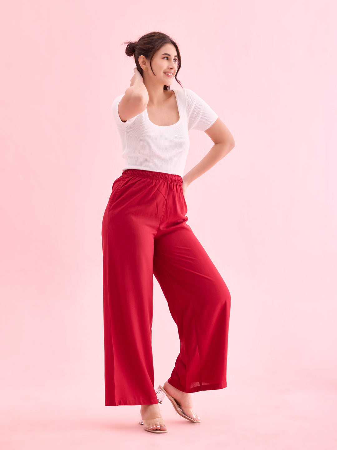 Women Solid Bright Red Woven Viscose Mid Rise Basic Palazzos