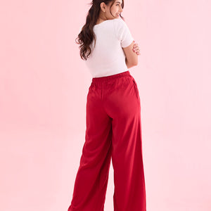 Women Solid Bright Red Woven Viscose Mid Rise Basic Palazzos