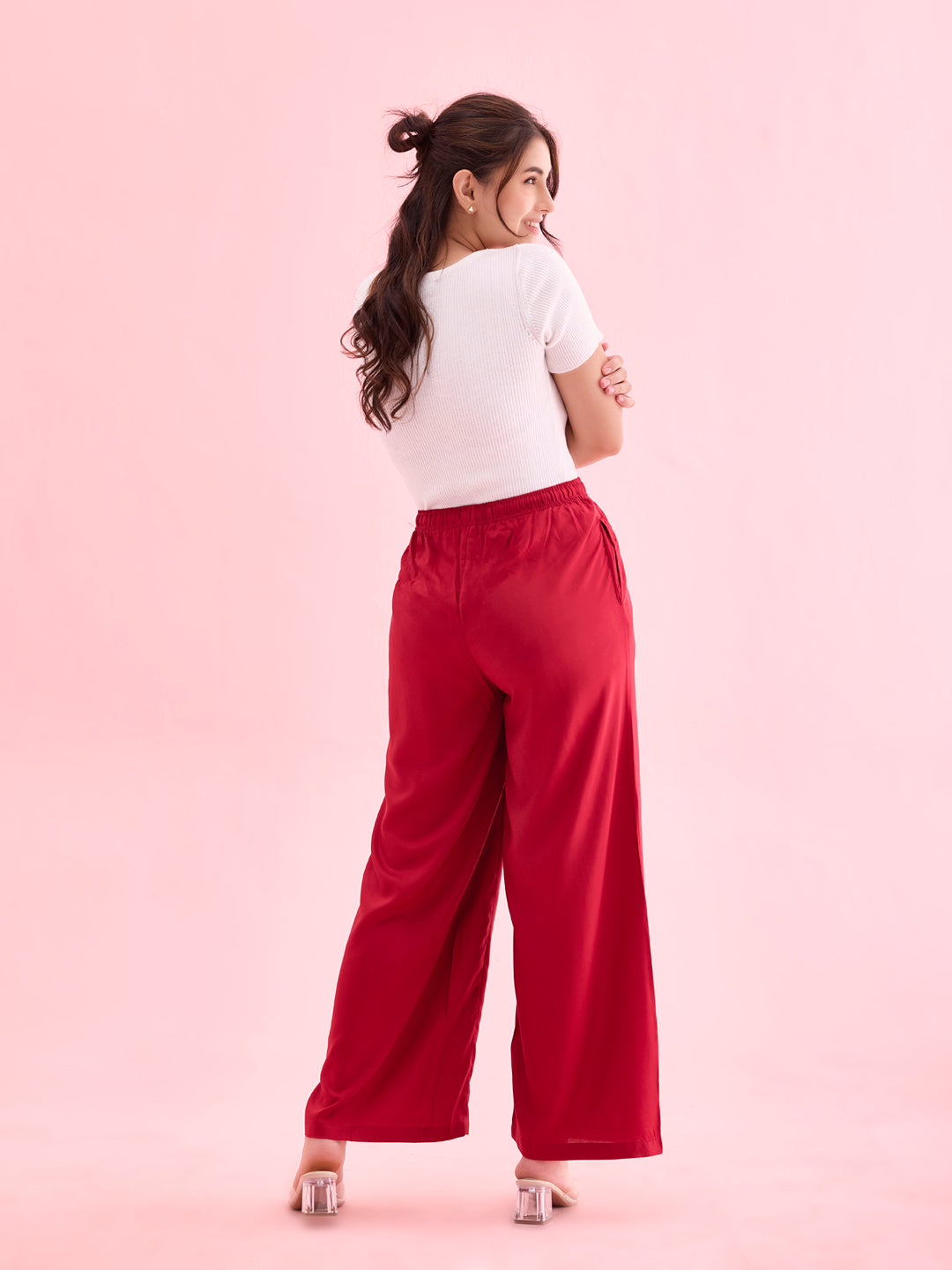 Women Solid Bright Red Woven Viscose Mid Rise Basic Palazzos