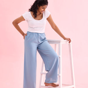 Women Solid Dusty Blue Woven Viscose Mid Rise Basic Palazzos
