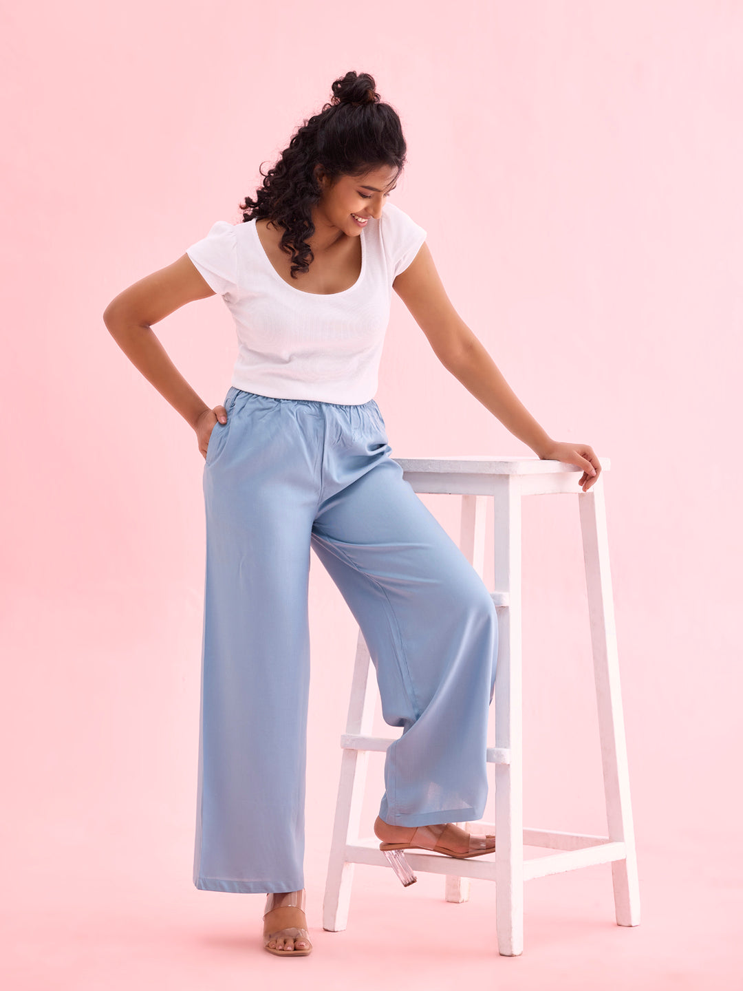 Women Solid Dusty Blue Woven Viscose Mid Rise Basic Palazzos