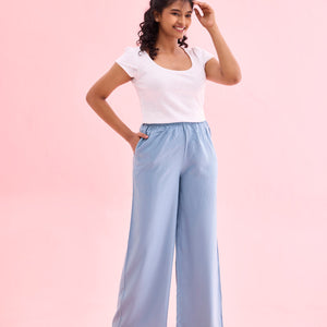 Women Solid Dusty Blue Woven Viscose Mid Rise Basic Palazzos