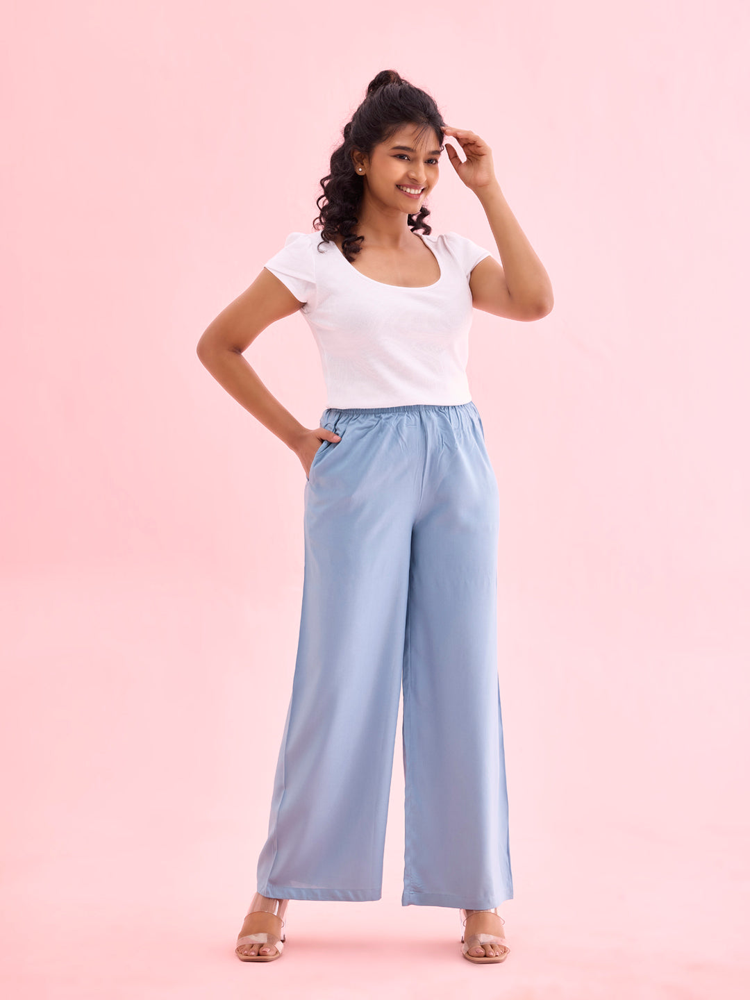 Women Solid Dusty Blue Woven Viscose Mid Rise Basic Palazzos