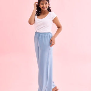 Women Solid Dusty Blue Woven Viscose Mid Rise Basic Palazzos