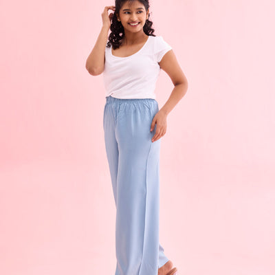 Women Solid Dusty Blue Woven Viscose Mid Rise Basic Palazzos