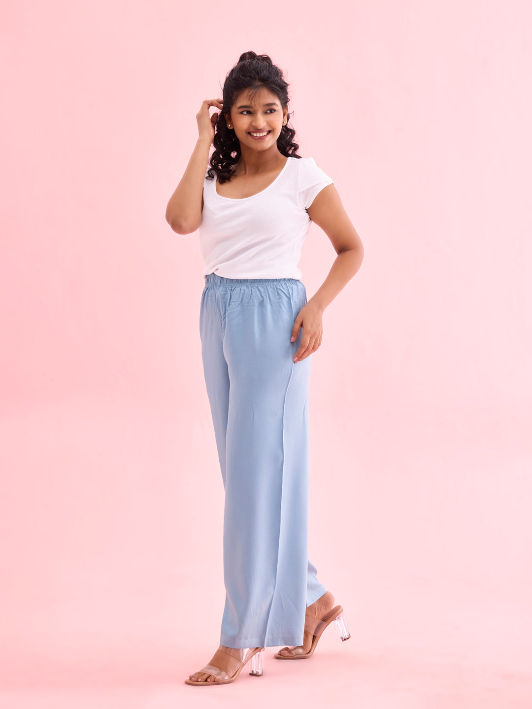 Women Solid Dusty Blue Woven Viscose Mid Rise Basic Palazzos