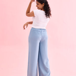 Women Solid Dusty Blue Woven Viscose Mid Rise Basic Palazzos