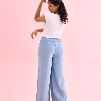 Women Solid Dusty Blue Woven Viscose Mid Rise Basic Palazzos