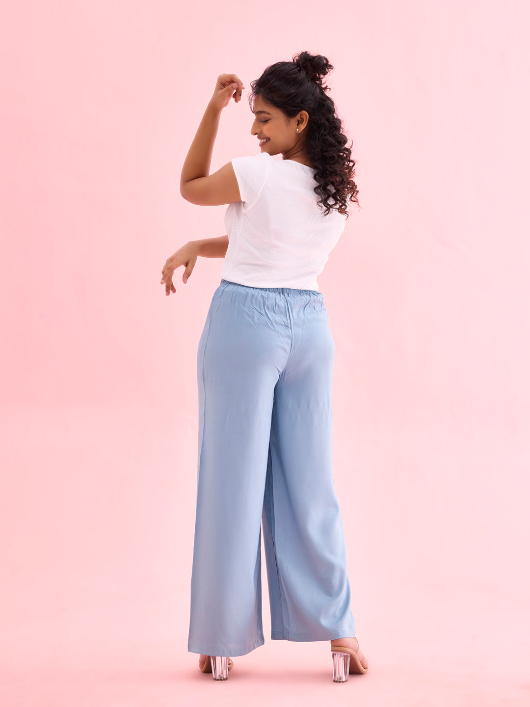 Women Solid Dusty Blue Woven Viscose Mid Rise Basic Palazzos