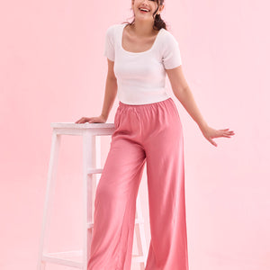 Women Solid Dusty Pink Woven Viscose Mid Rise Basic Palazzos