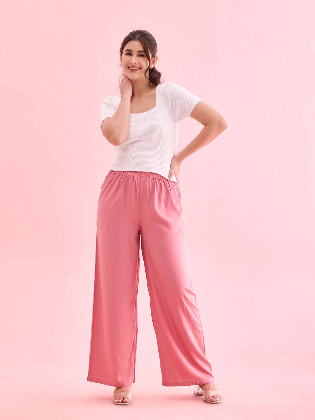 Women Solid Dusty Pink Woven Viscose Mid Rise Basic Palazzos
