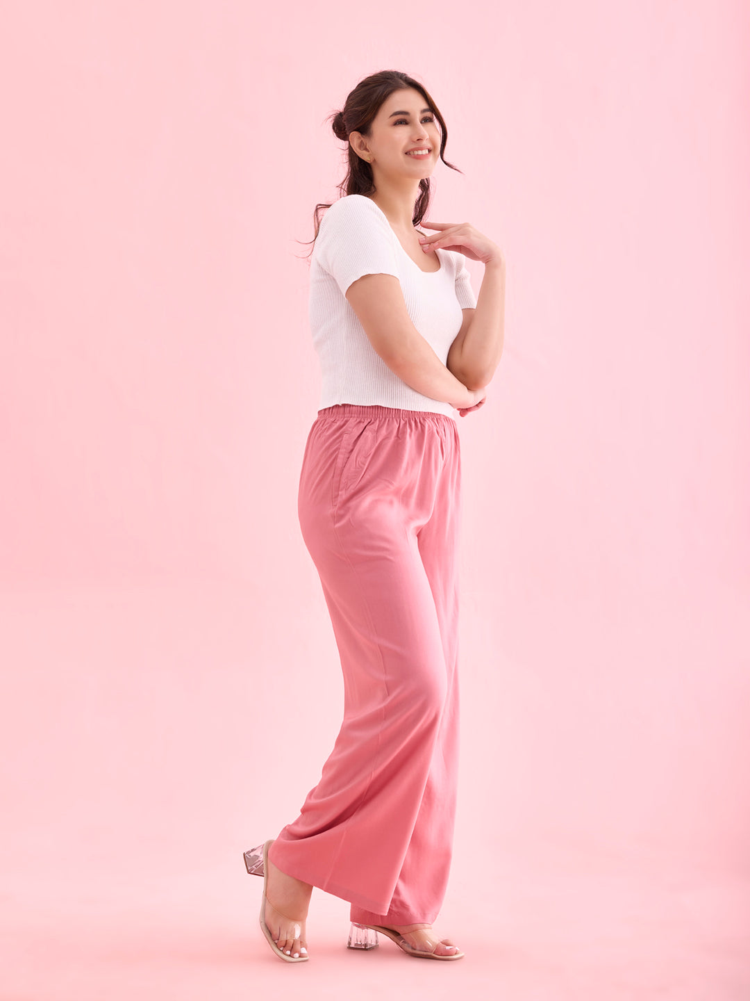 Women Solid Dusty Pink Woven Viscose Mid Rise Basic Palazzos