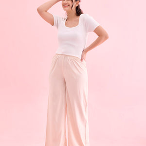 Women Solid Ecru Woven Viscose Mid Rise Basic Palazzos