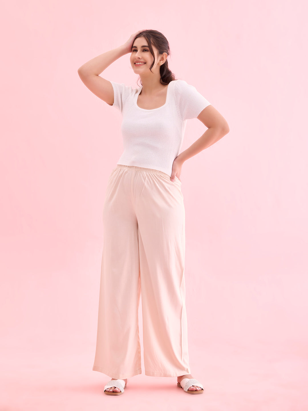 Women Solid Ecru Woven Viscose Mid Rise Basic Palazzos