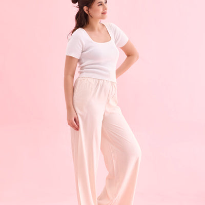 Women Solid Ecru Woven Viscose Mid Rise Basic Palazzos