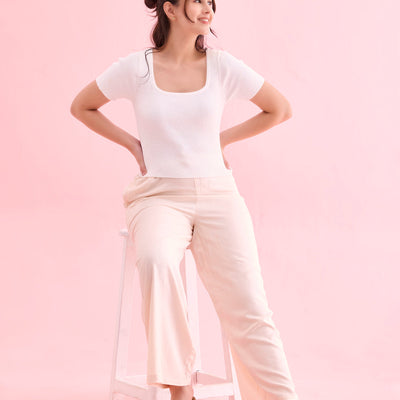Women Solid Ecru Woven Viscose Mid Rise Basic Palazzos