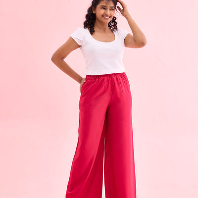 Women Solid Fuchsia Woven Viscose Mid Rise Basic Palazzos