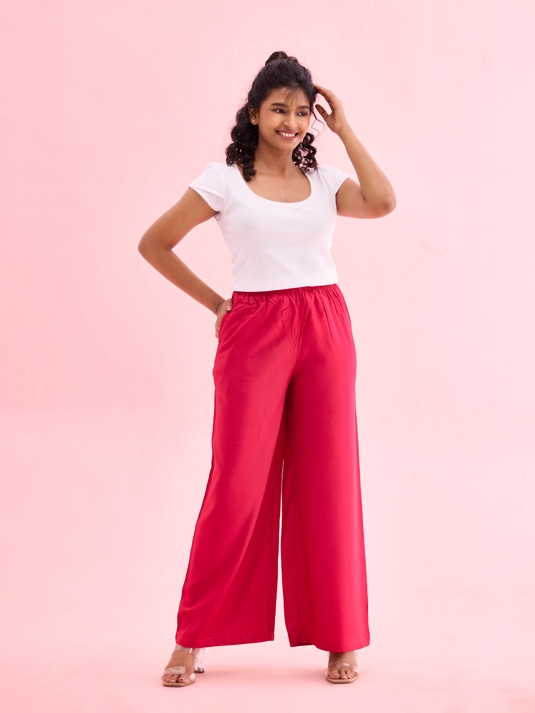 Women Solid Fuchsia Woven Viscose Mid Rise Basic Palazzos