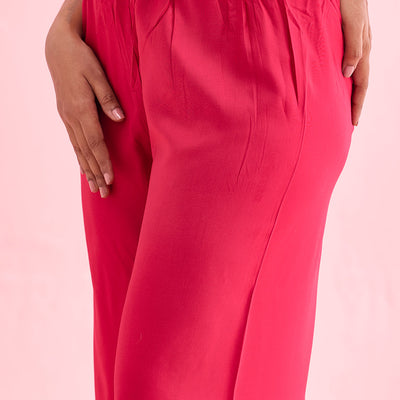 Women Solid Fuchsia Woven Viscose Mid Rise Basic Palazzos