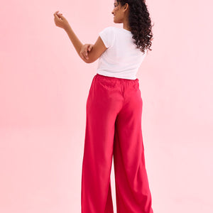 Women Solid Fuchsia Woven Viscose Mid Rise Basic Palazzos