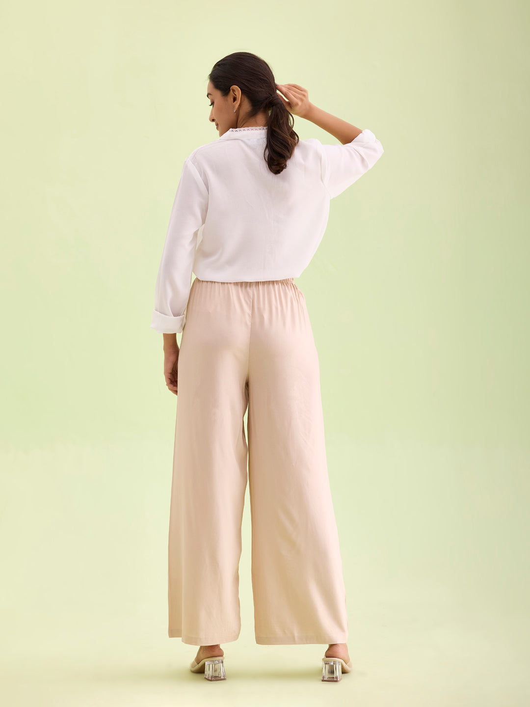 Women Solid Light Beige Woven Viscose Mid Rise Basic Palazzos