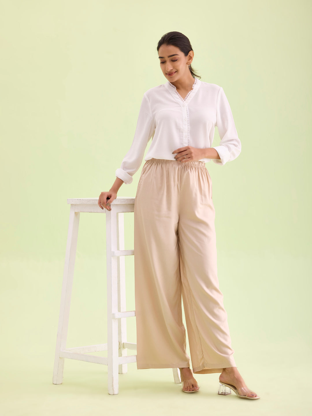 Women Solid Light Beige Woven Viscose Mid Rise Basic Palazzos