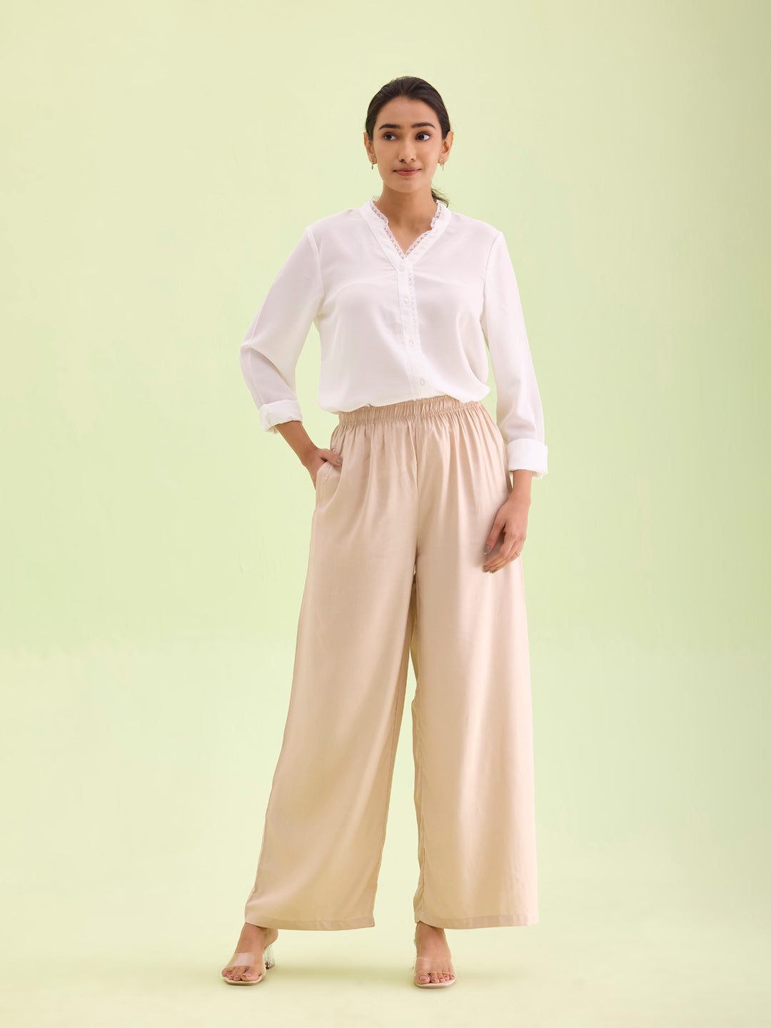 Women Solid Light Beige Woven Viscose Mid Rise Basic Palazzos