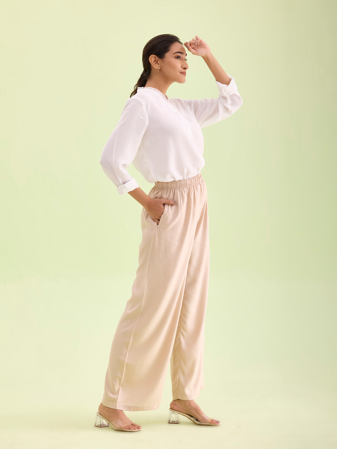 Women Solid Light Beige Woven Viscose Mid Rise Basic Palazzos