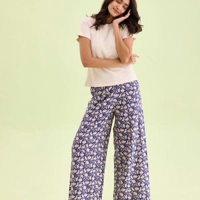 Women Navy Viscose Mid Rise Printed Palazzo