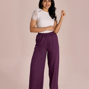Women Solid Purple Woven Viscose Mid Rise Basic Palazzos