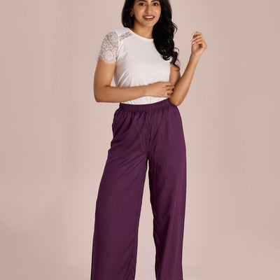 Women Solid Purple Woven Viscose Mid Rise Basic Palazzos