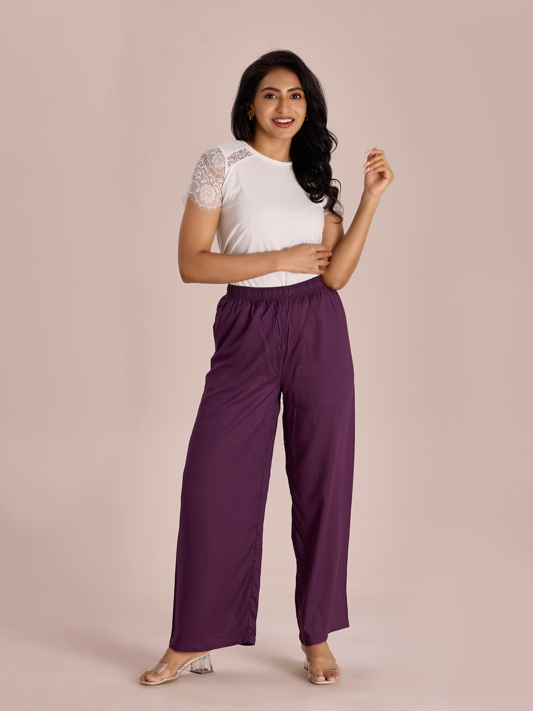 Women Solid Purple Woven Viscose Mid Rise Basic Palazzos