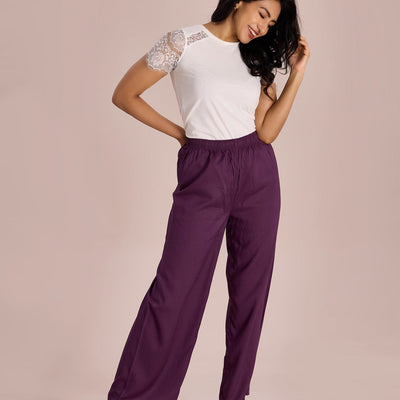 Women Solid Purple Woven Viscose Mid Rise Basic Palazzos
