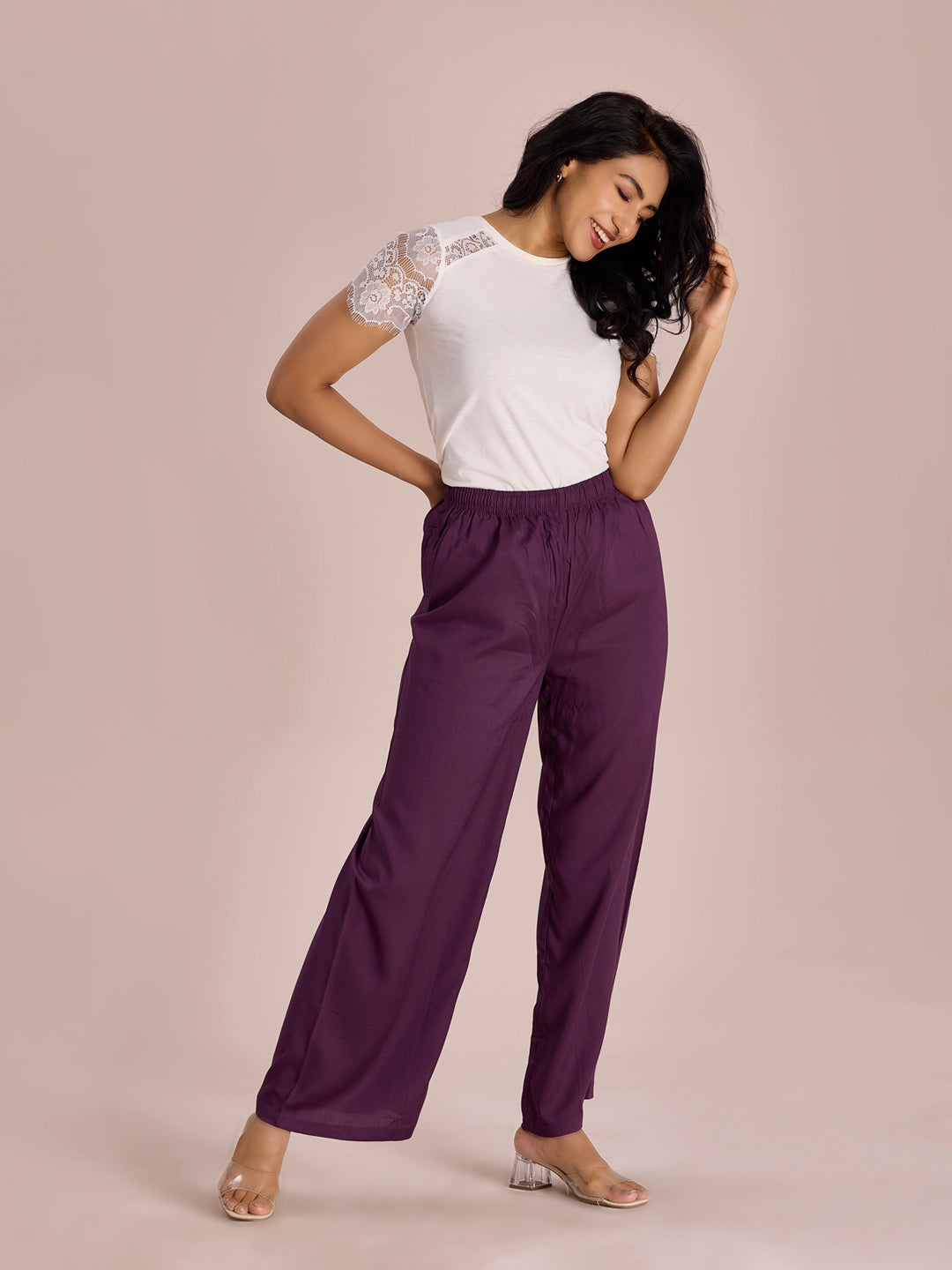 Women Solid Purple Woven Viscose Mid Rise Basic Palazzos