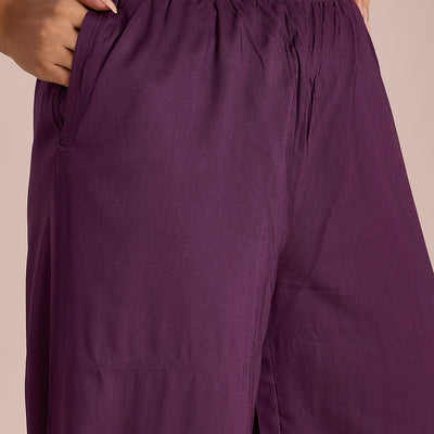 Women Solid Purple Woven Viscose Mid Rise Basic Palazzos