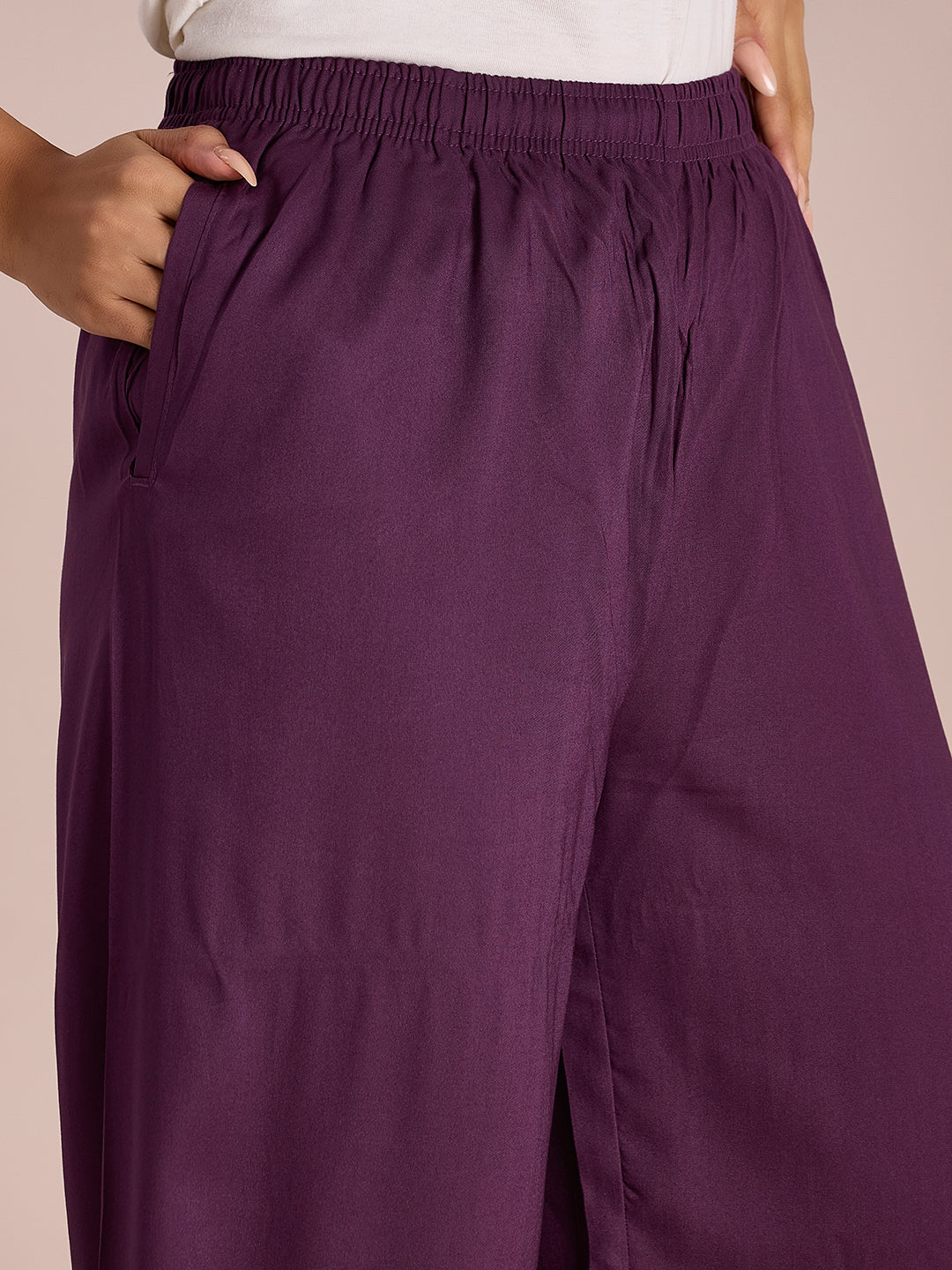 Women Solid Purple Woven Viscose Mid Rise Basic Palazzos