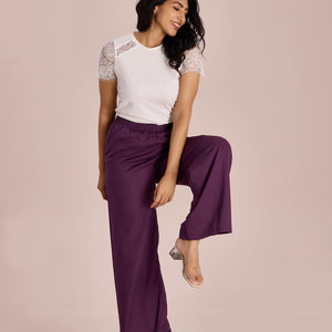 Women Solid Purple Woven Viscose Mid Rise Basic Palazzos