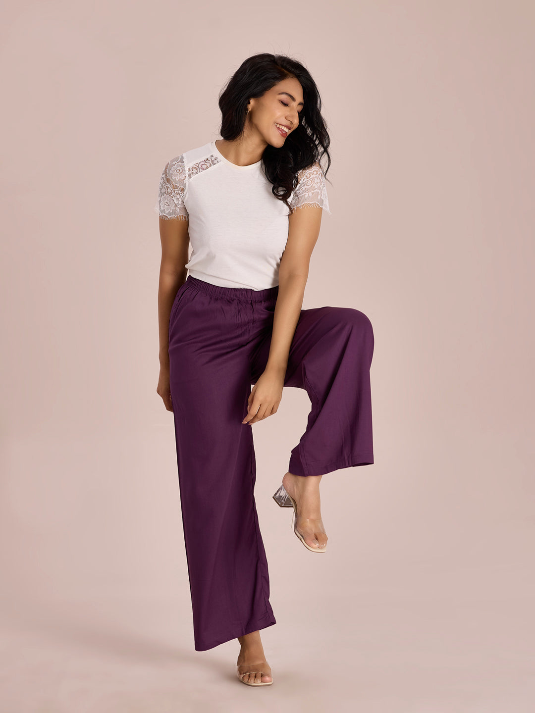 Women Solid Purple Woven Viscose Mid Rise Basic Palazzos