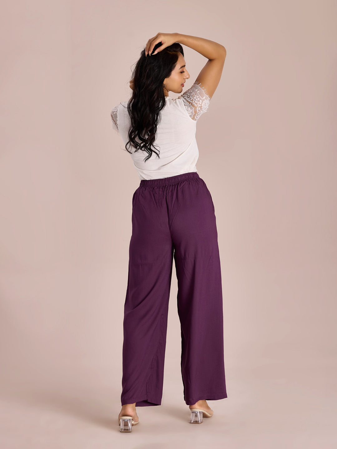 Women Solid Purple Woven Viscose Mid Rise Basic Palazzos