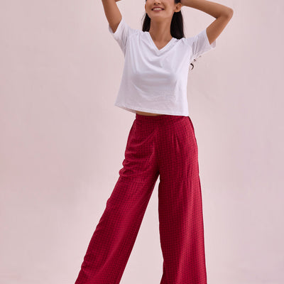 Women Red Viscose Mid Rise Printed Palazzo