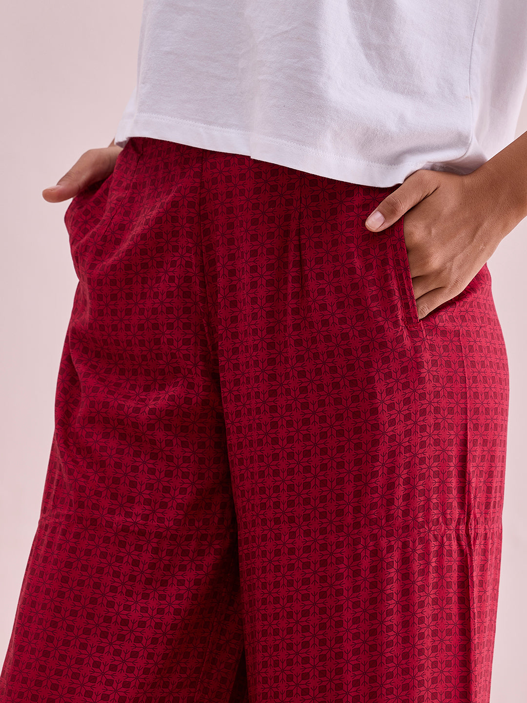Women Red Viscose Mid Rise Printed Palazzo